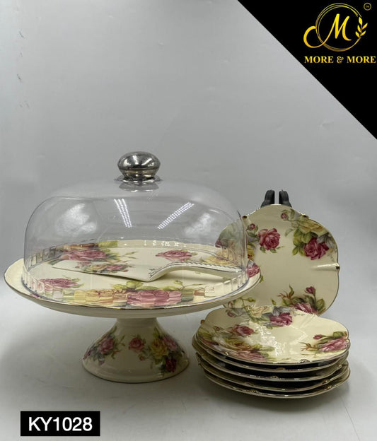 Royal Albert–Inspired 9-Pcs Bone China Cake Set | Floral Elegance with Dome