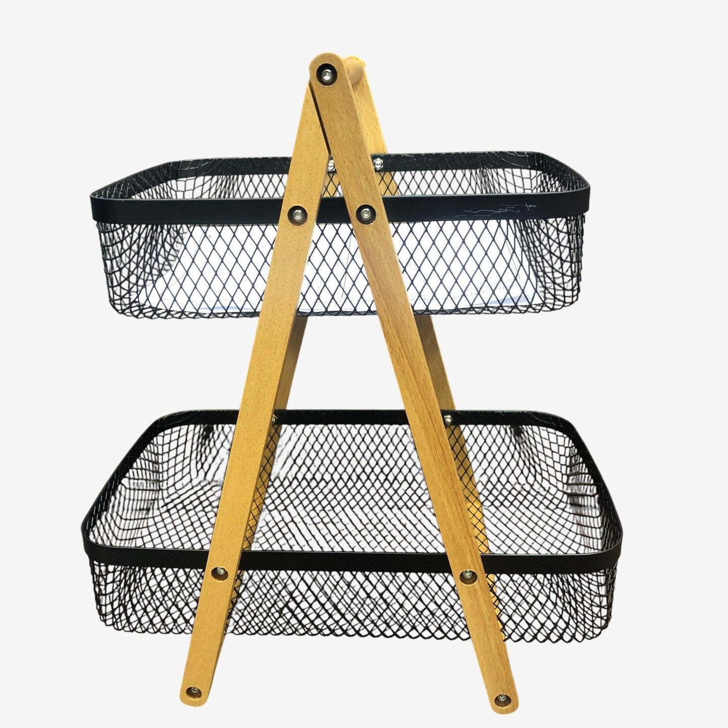 2-Tier Wooden Frame Fruit & Vegetable Basket – Modern Metal Wire Storage Rack for Kitchen & Countertop