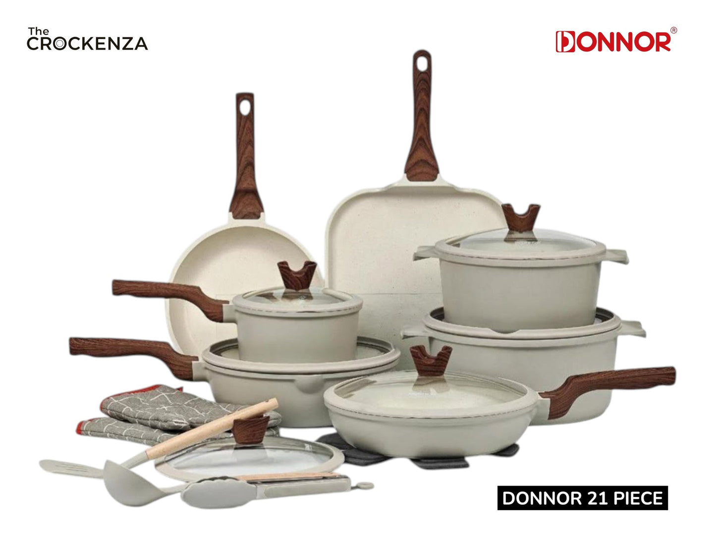 DONNOR 21-piece PFOA Free Aluminum Non-Stick Cookware Set - Ivory