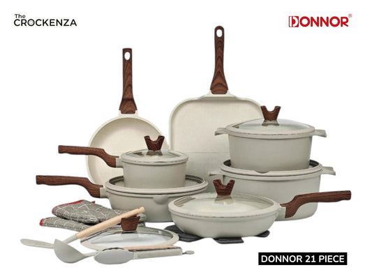 DONNOR 21-piece PFOA Free Aluminum Non-Stick Cookware Set - Ivory