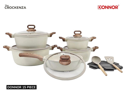 DONNOR 15-Piece Non-Stick Cookware Set | Premium Aluminum Pots & Pans with Glass Lids | Induction & Gas Compatible