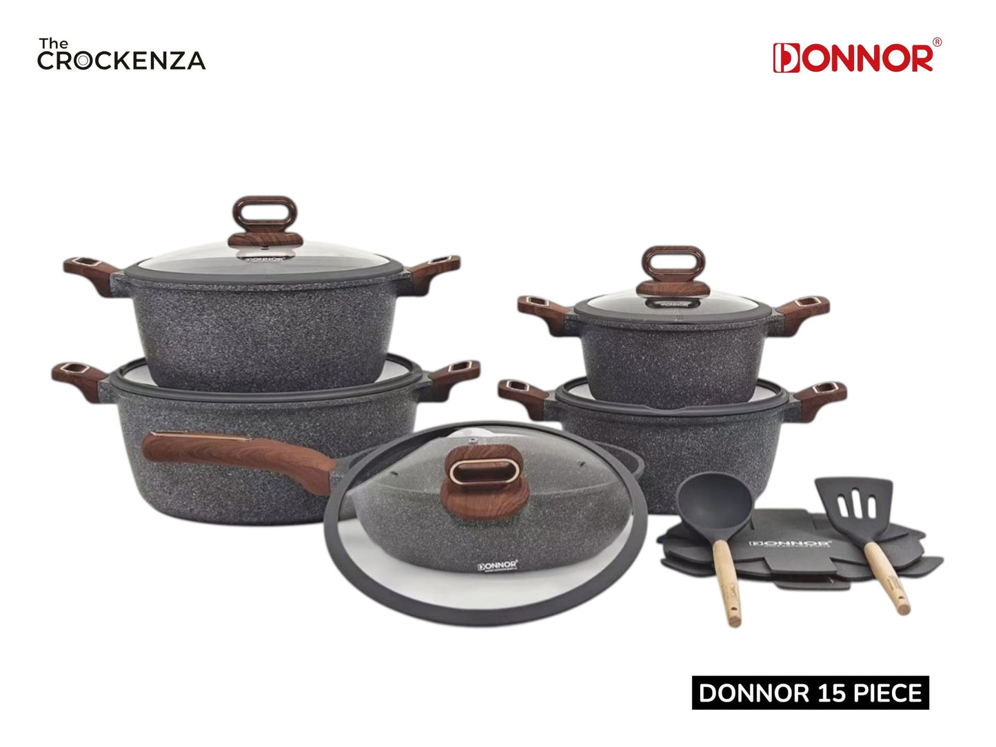 DONNOR 15-Piece Non-Stick Cookware Set | Premium Aluminum Pots & Pans with Glass Lids | Induction & Gas Compatible - Dark Grey