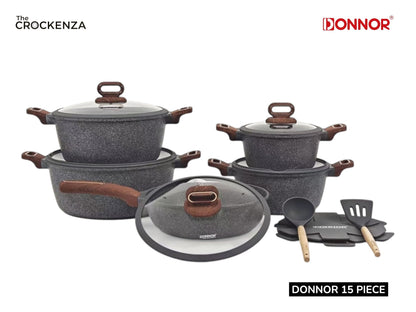 DONNOR 15-Piece Non-Stick Cookware Set | Premium Aluminum Pots & Pans with Glass Lids | Induction & Gas Compatible - Dark Grey