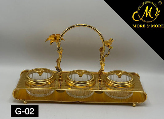 Luxury 3-Partition Dry Fruit Serving Tray with Glass Bowls & Golden Handle