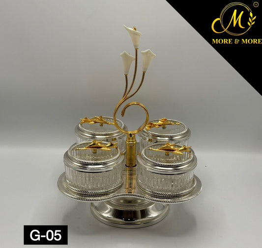 Luxury 4-Partition Dry Fruit Serving Set with Stand – Glass Bowls & Golden Holder