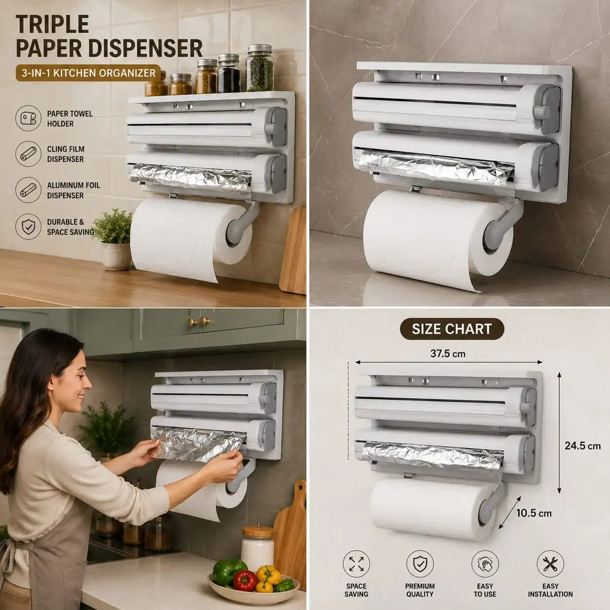 3-in-1 Kitchen Roll Dispenser – Tissue, Foil & Plastic Wrap Holder (Wall Mountable)