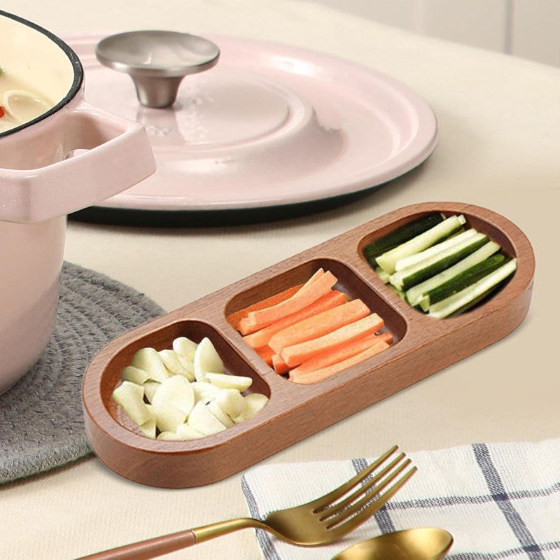 1pc Wooden 3-Compartment Serving Tray, Sauce Plates, Durable Wood Material, Serving Trays