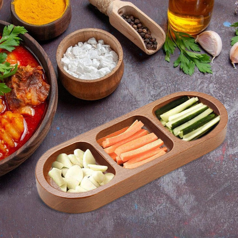 1pc Wooden 3-Compartment Serving Tray, Sauce Plates, Durable Wood Material, Serving Trays