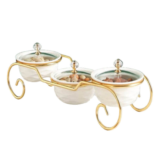 3-Division Dry Fruit Bowls White With Golden Stand
