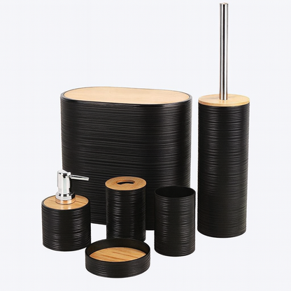 Modern Black Bathroom Accessory Set with Bamboo Accents