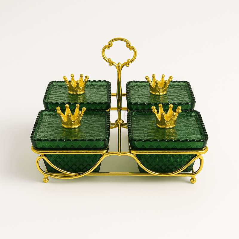 Luxury Green Crown 4-Piece Glass Condiment Set with Golden Stand | Elegant Tabletop Spice & Sauce Organizer
