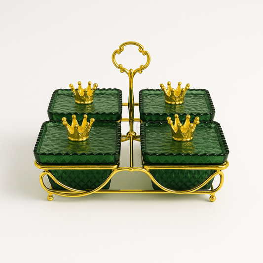 Luxury Green Crown 4-Piece Glass Condiment Set with Golden Stand | Elegant Tabletop Spice & Sauce Organizer