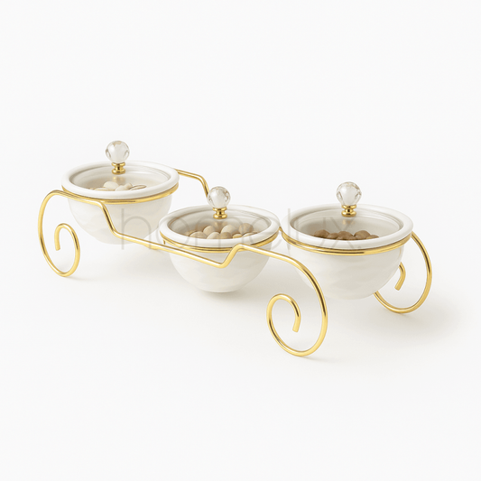 Luxury White & Gold 3-Piece Condiment Bowl Set with Stand | Elegant Tabletop Spice & Sauce Organizer
