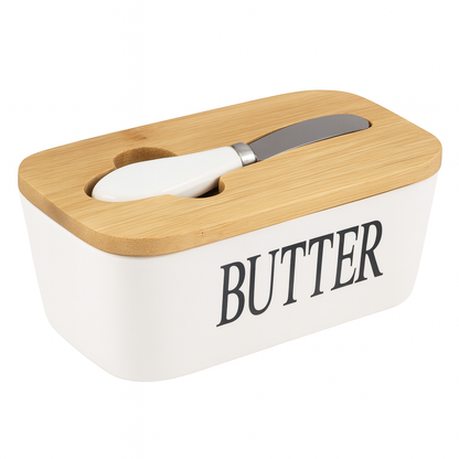 Ceramic Butter Dish with Bamboo Lid and Knife