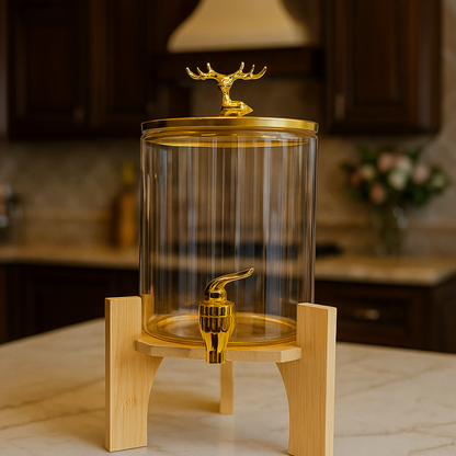 Round Glass Beverage Dispenser – Golden Tap & Wooden Stand | Adornia.pk