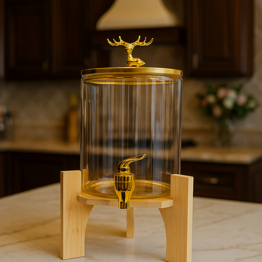 Round Glass Beverage Dispenser – Golden Tap & Wooden Stand | Adornia.pk