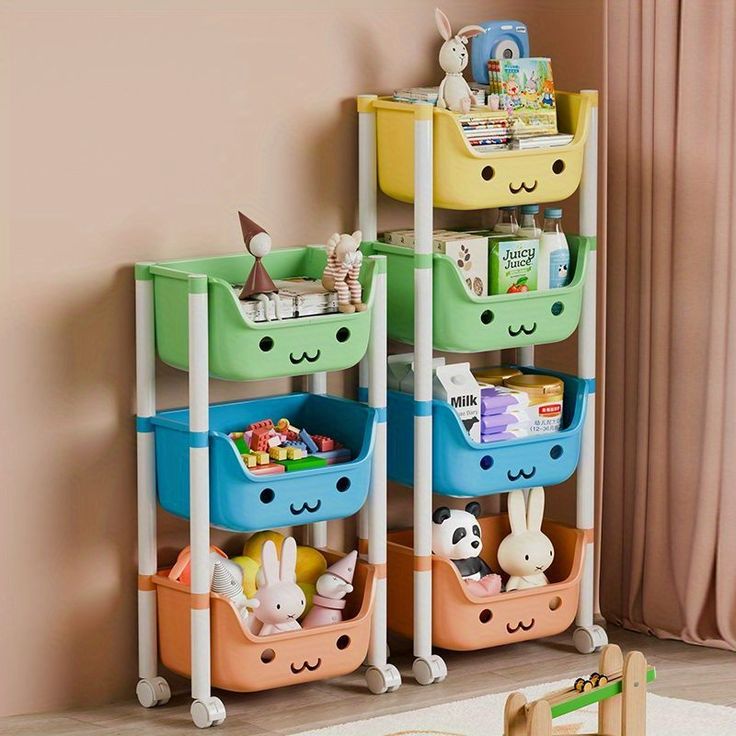Kids Multi-Tier Toy Storage Organizer with Cute Cartoon Bins & Wheels – Durable Plastic Shelf for Playroom & Nursery