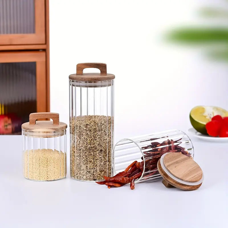 Striped Glass Seasoning Jar With Bamboo Lid