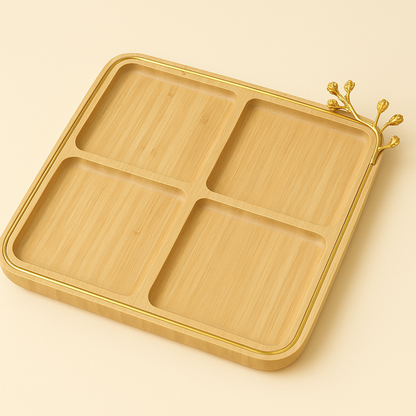 Square Bamboo Divided Tray with Golden Accent