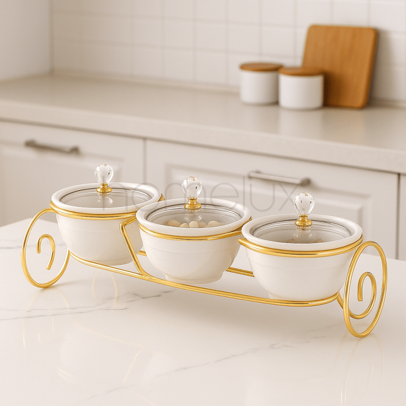 Luxury White & Gold 3-Piece Condiment Bowl Set with Stand | Elegant Tabletop Spice & Sauce Organizer