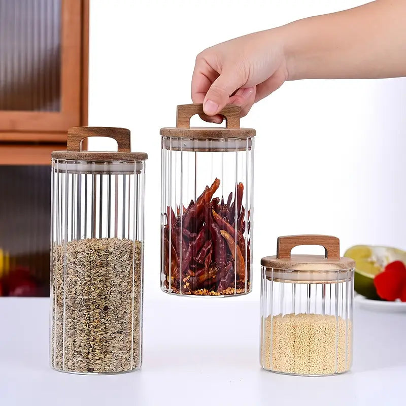 Striped Glass Seasoning Jar With Bamboo Lid