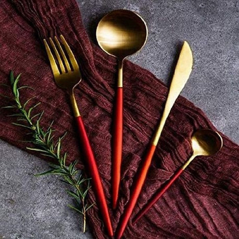 24 PCs Premium Steel Cutlery Set-Red over Golden