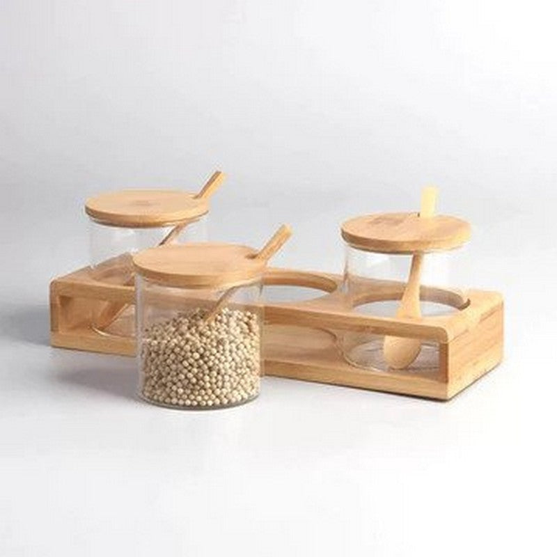 3 PCS Round Clear High Borosilicate Glass Spice Jar Set With Wooden Rack -260ml