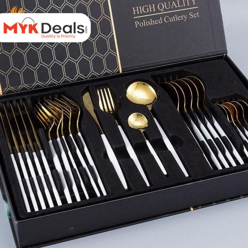 24 PCs Premium Steel Cutlery Set-White Over Golden