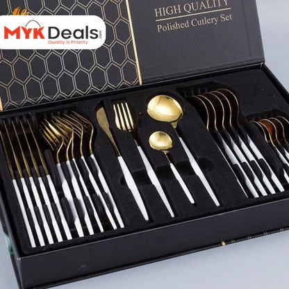 24 PCs Premium Steel Cutlery Set-White Over Golden