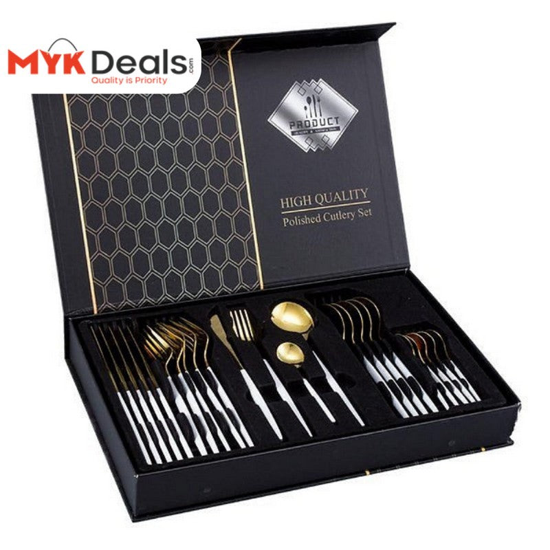 24 PCs Premium Steel Cutlery Set-White Over Golden