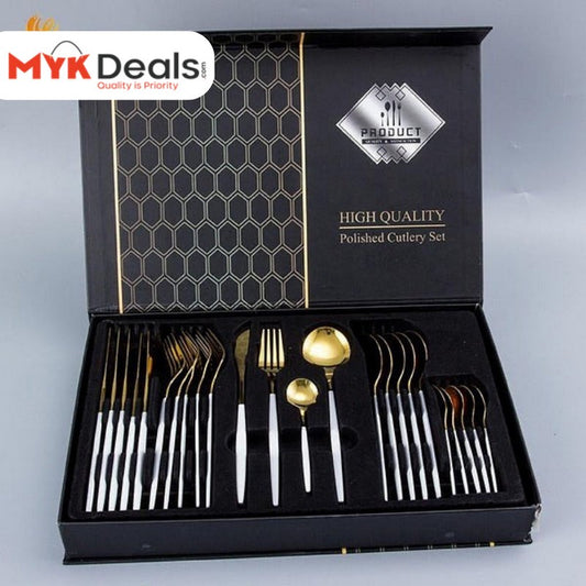24 PCs Premium Steel Cutlery Set-White Over Golden