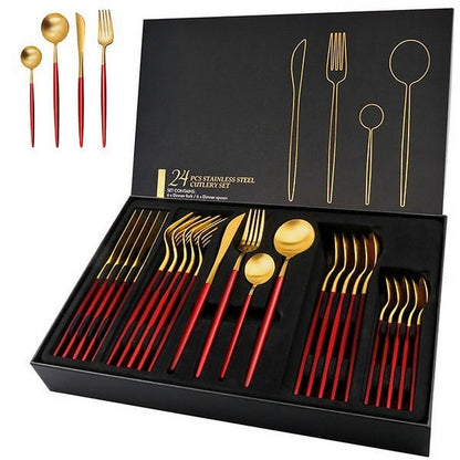 24 PCs Premium Steel Cutlery Set-Red over Golden