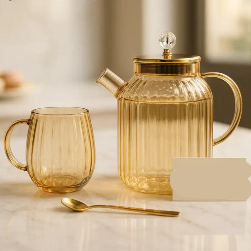 Amber Luxe Ribbed Glass Tea Set – 13 Pcs | Elegant Kettle, Cups & Golden Spoons | Adornia Pakistan