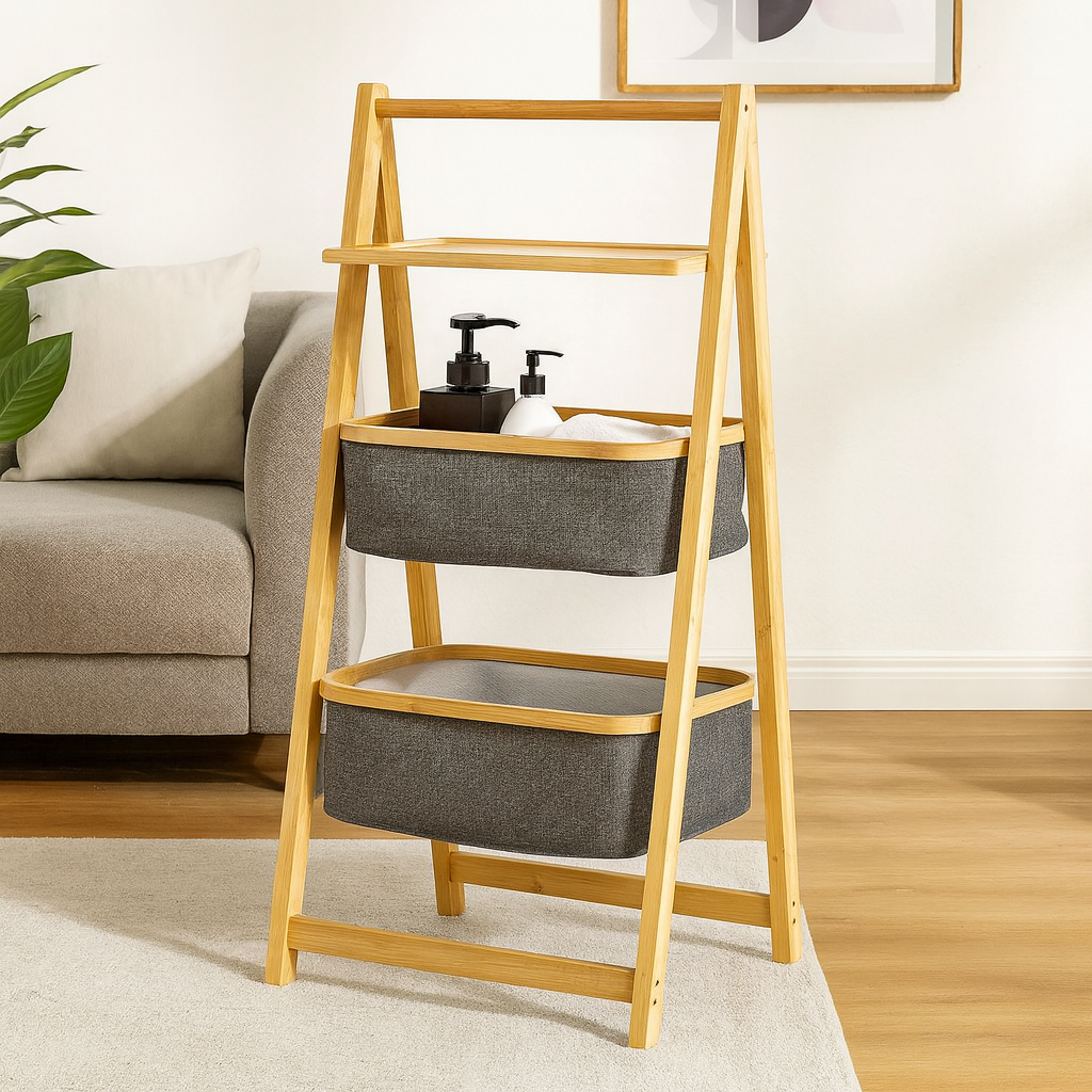 A-Frame 2 Tier Laundry Hamper With Shelf-Natural