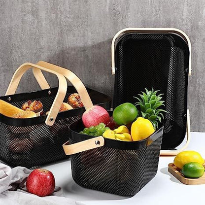 Modern Metal Mesh Fruit Basket with Wooden Handle – Stylish Kitchen Counter Storage for Fruits and Vegetables | Adornia.pk