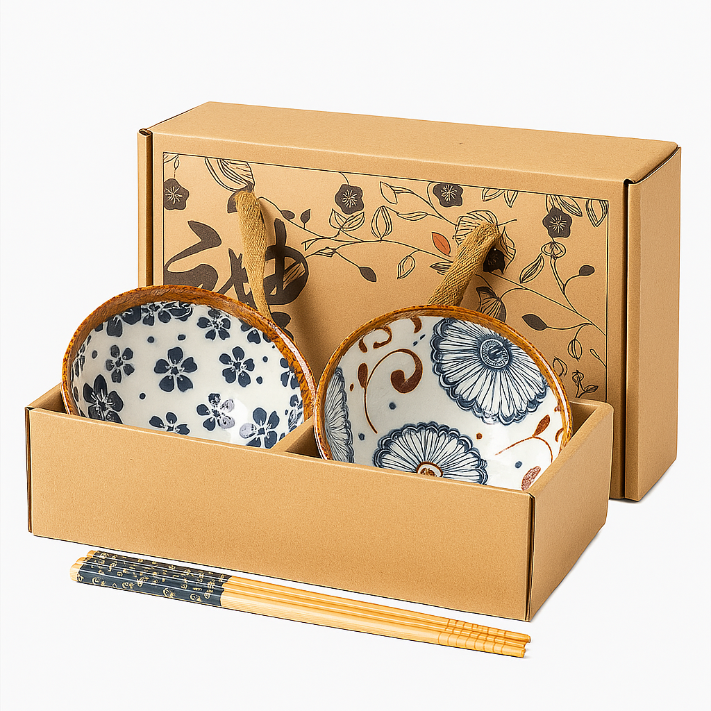 Japanese Floral Ceramic Bowls - Set of 2