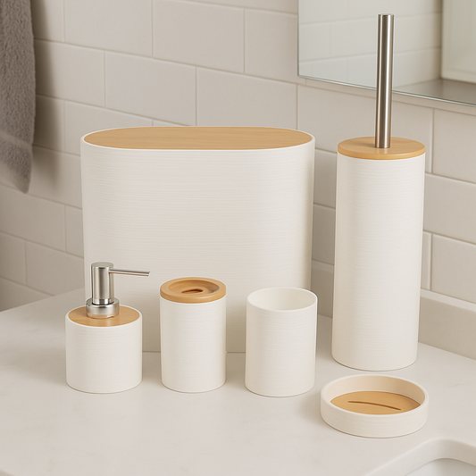 Modern White Bathroom Accessory Set with Bamboo Accents