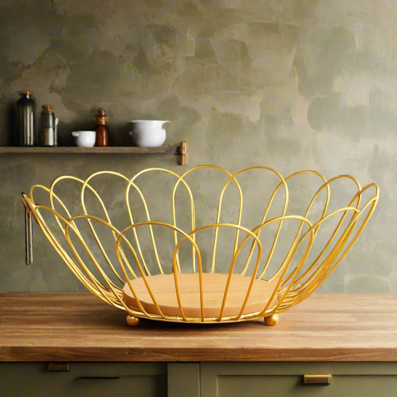 Luxury Gold Wire Round Fruit Basket with Wooden Base | Elegant Countertop Fruit Bowl for Kitchen & Dining Table