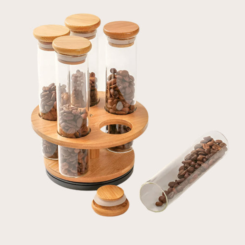 Bamboo Rotating Glass Tube Spice Rack with Stand 6 Piece