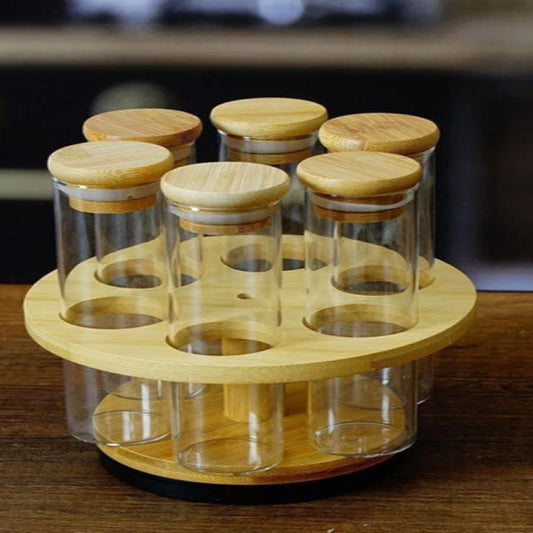 Bamboo Rotating Glass Tube Spice Rack with Stand 6 Piece