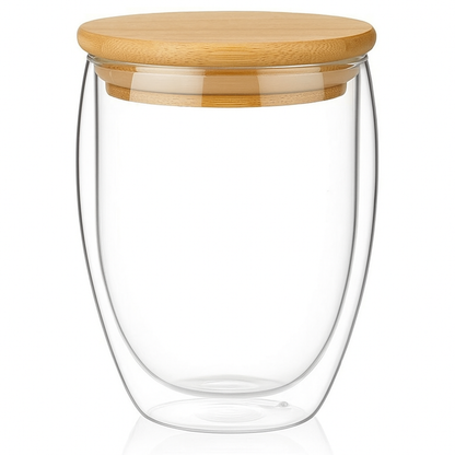 Double-Walled Glass Coffee Cup with Wooden Lid