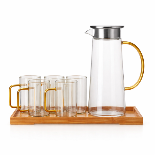 8-Piece Glass Water Set with Jug, Lid, Mugs & Wooden Tray – Elegant Serving Collection