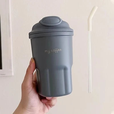600ml Cute Korean Coffee Cup Thermos With Straw