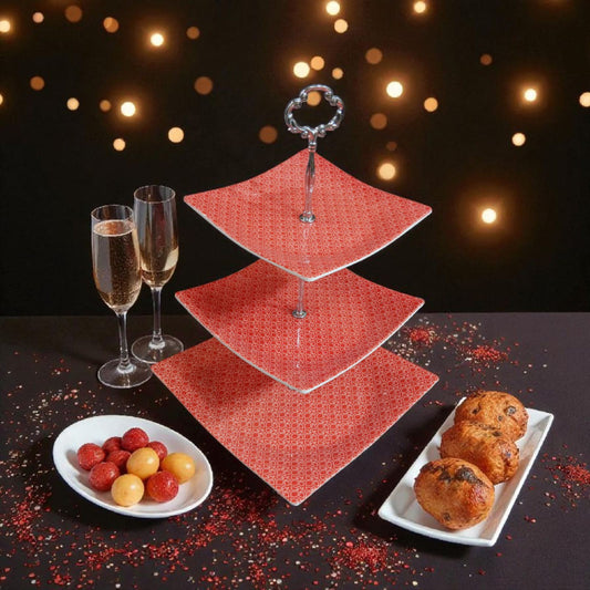 Luxury Red Mosaic Cupcake Stand – 3-Tier Dessert Display Tray for Cakes, Pastries & Sweets | Adornia.pk