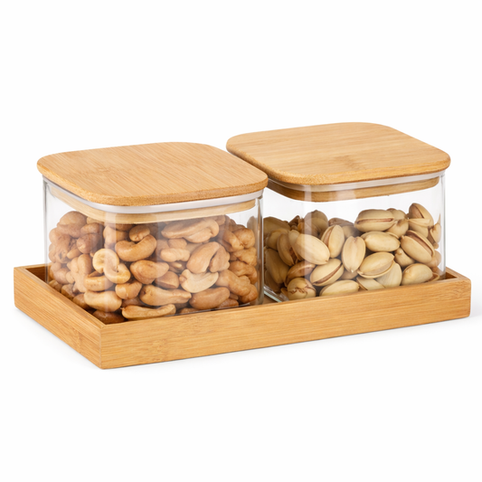 3Pcs Glass Storage Jar Set with Bamboo Lids & Wooden Tray – Airtight Kitchen Organizer