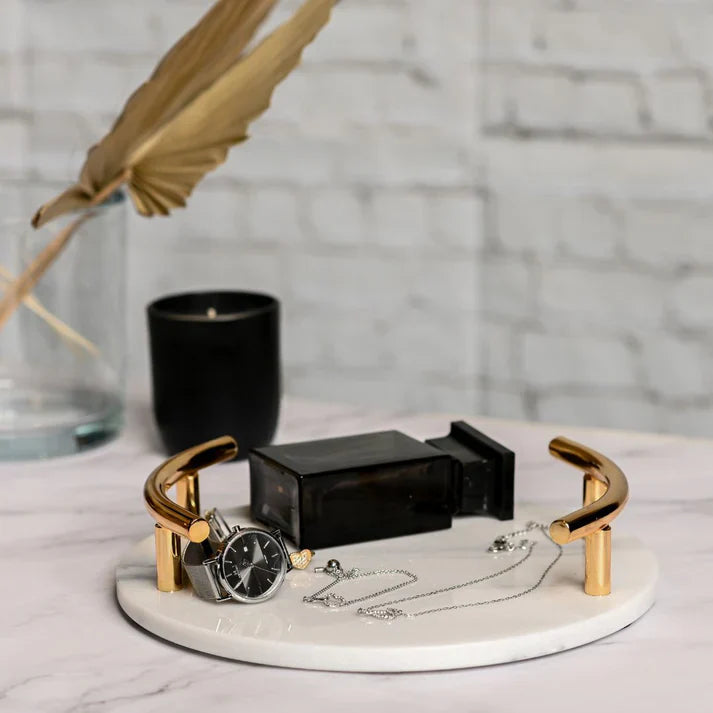 MODERN WHITE MARBLE TRAY WITH GOLD HANDLE