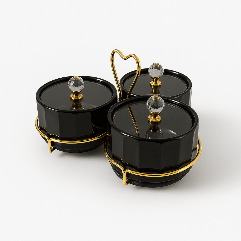 Luxury Black & Gold 3-Piece Heart Condiment Set | Elegant Tabletop Spice & Sauce Organizer