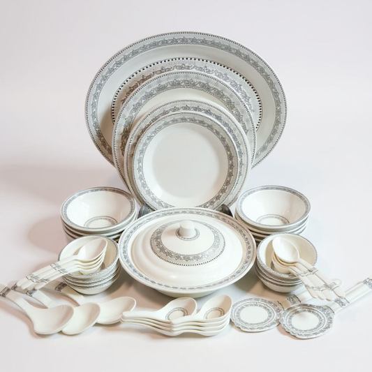 Premium 68 PCS Melamine Dinner Set – Silver Border Elegance | Adornia.pk