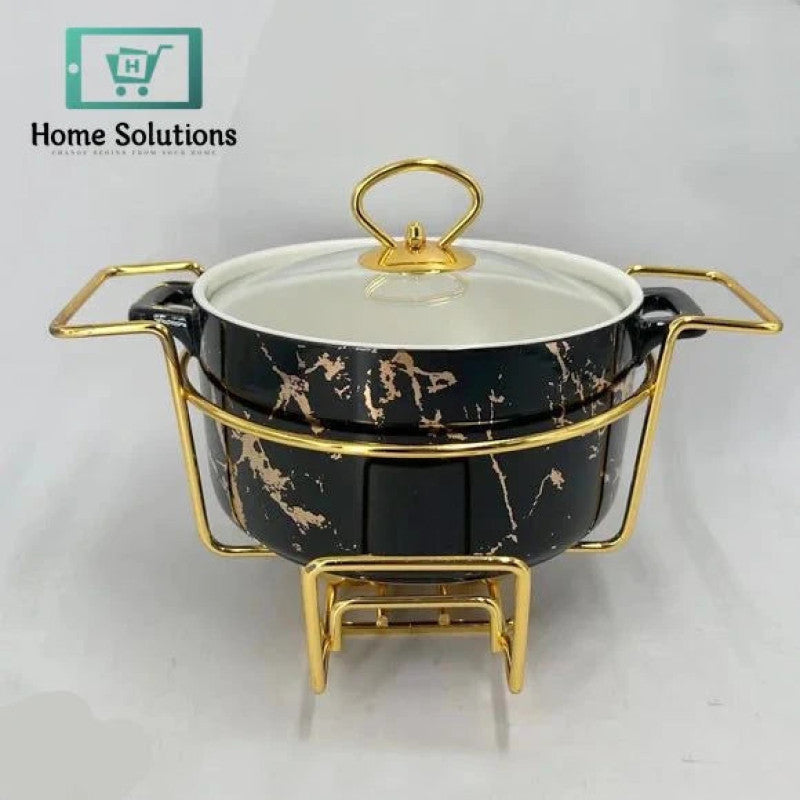 9-Inch Round Ceramic Chafing Dish Set – Marble Finish Buffet Warmer