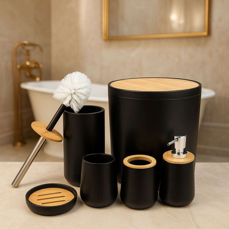 Luxury Black & Bamboo 6-Piece Bathroom Accessories Set | Modern Bathroom Organizer & Decor